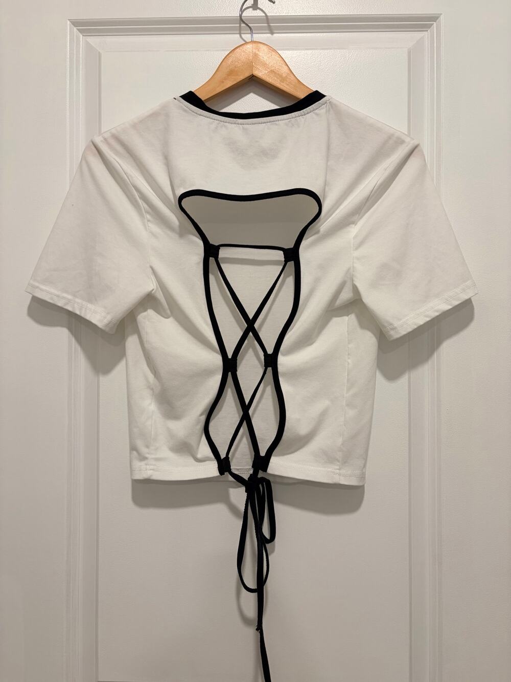 Crop Top Open Back Tie White Black Top Size Small